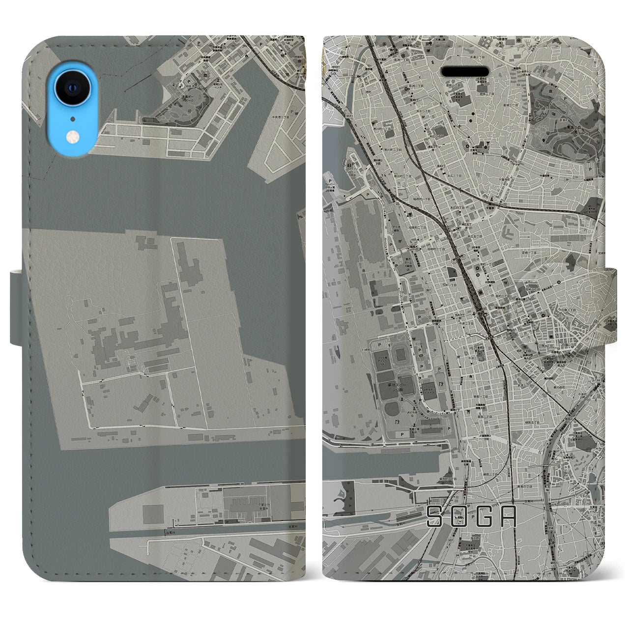 【蘇我】地図柄iPhoneケース（手帳両面タイプ・モノトーン）iPhone XR 用