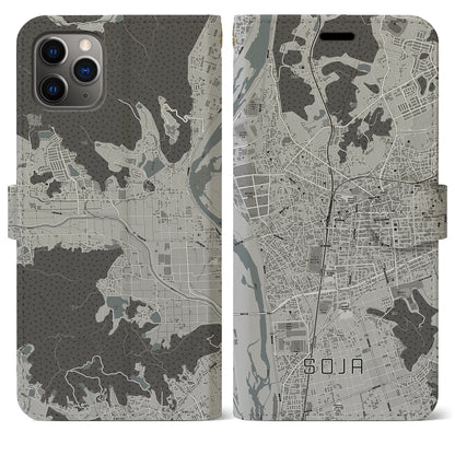 【総社（岡山県）】地図柄iPhoneケース（手帳タイプ）モノトーン・iPhone 11 Pro Max 用