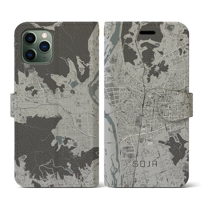 【総社（岡山県）】地図柄iPhoneケース（手帳タイプ）モノトーン・iPhone 11 Pro 用