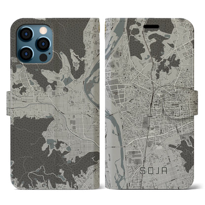 【総社（岡山県）】地図柄iPhoneケース（手帳タイプ）モノトーン・iPhone 12 / 12 Pro 用