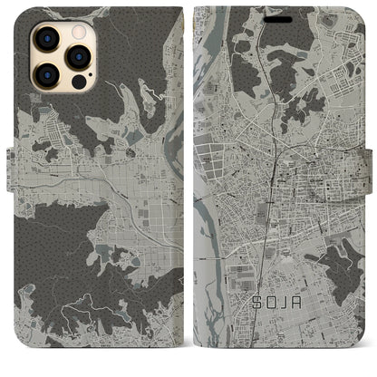 【総社（岡山県）】地図柄iPhoneケース（手帳タイプ）モノトーン・iPhone 12 Pro Max 用