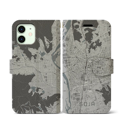 【総社（岡山県）】地図柄iPhoneケース（手帳タイプ）モノトーン・iPhone 12 mini 用