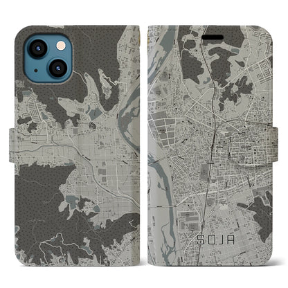 【総社（岡山県）】地図柄iPhoneケース（手帳タイプ）モノトーン・iPhone 13 用