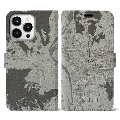 【総社（岡山県）】地図柄iPhoneケース（手帳タイプ）モノトーン・iPhone 13 Pro 用