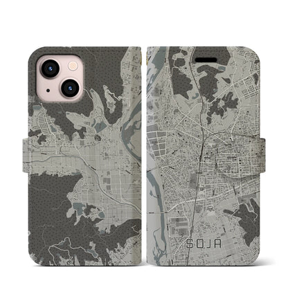 【総社（岡山県）】地図柄iPhoneケース（手帳タイプ）モノトーン・iPhone 13 mini 用