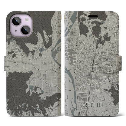 【総社（岡山県）】地図柄iPhoneケース（手帳タイプ）モノトーン・iPhone 14 用