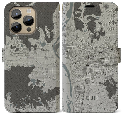 【総社（岡山県）】地図柄iPhoneケース（手帳タイプ）モノトーン・iPhone 14 Pro Max 用