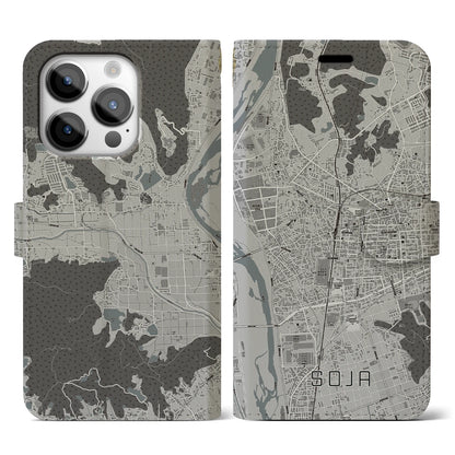 【総社（岡山県）】地図柄iPhoneケース（手帳タイプ）モノトーン・iPhone 14 Pro 用