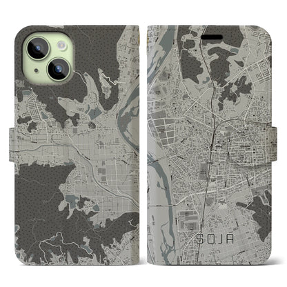 【総社（岡山県）】地図柄iPhoneケース（手帳タイプ）モノトーン・iPhone 15 用