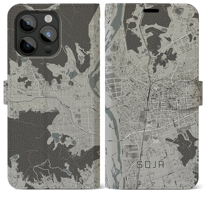 【総社（岡山県）】地図柄iPhoneケース（手帳タイプ）モノトーン・iPhone 15 Pro Max 用