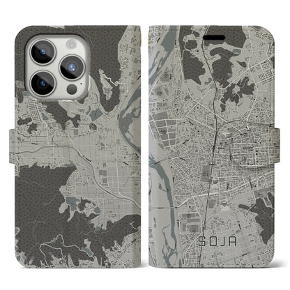 【総社（岡山県）】地図柄iPhoneケース（手帳タイプ）モノトーン・iPhone 15 Pro 用