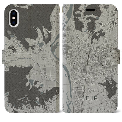 【総社（岡山県）】地図柄iPhoneケース（手帳タイプ）モノトーン・iPhone XS Max 用