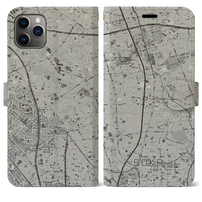 【草加（埼玉県）】地図柄iPhoneケース（手帳タイプ）モノトーン・iPhone 11 Pro Max 用