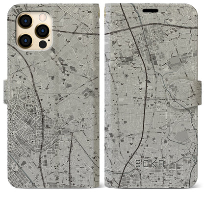 【草加（埼玉県）】地図柄iPhoneケース（手帳タイプ）モノトーン・iPhone 12 Pro Max 用