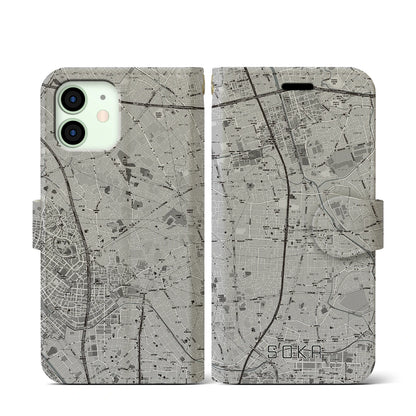 【草加（埼玉県）】地図柄iPhoneケース（手帳タイプ）モノトーン・iPhone 12 mini 用