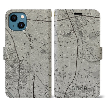 【草加（埼玉県）】地図柄iPhoneケース（手帳タイプ）モノトーン・iPhone 13 用