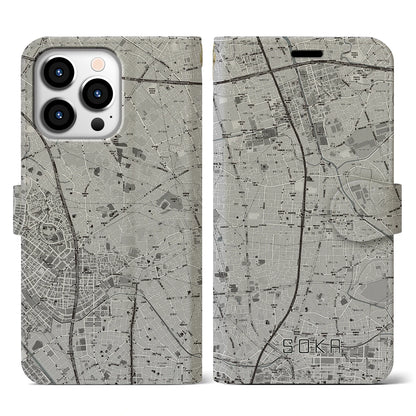 【草加（埼玉県）】地図柄iPhoneケース（手帳タイプ）モノトーン・iPhone 13 Pro 用