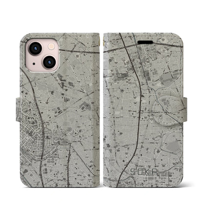 【草加（埼玉県）】地図柄iPhoneケース（手帳タイプ）モノトーン・iPhone 13 mini 用