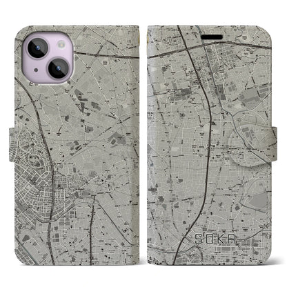 【草加（埼玉県）】地図柄iPhoneケース（手帳タイプ）モノトーン・iPhone 14 用