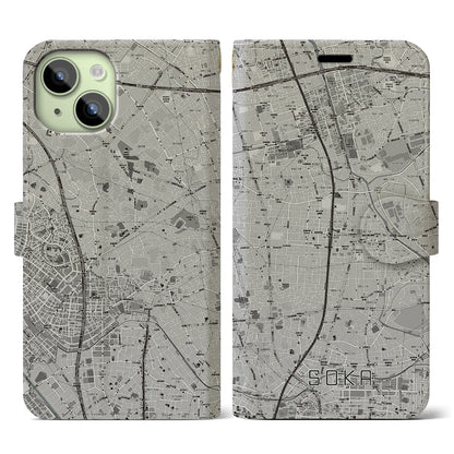 【草加（埼玉県）】地図柄iPhoneケース（手帳タイプ）モノトーン・iPhone 15 用