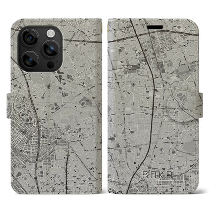 【草加（埼玉県）】地図柄iPhoneケース（手帳タイプ）モノトーン・iPhone 16 用