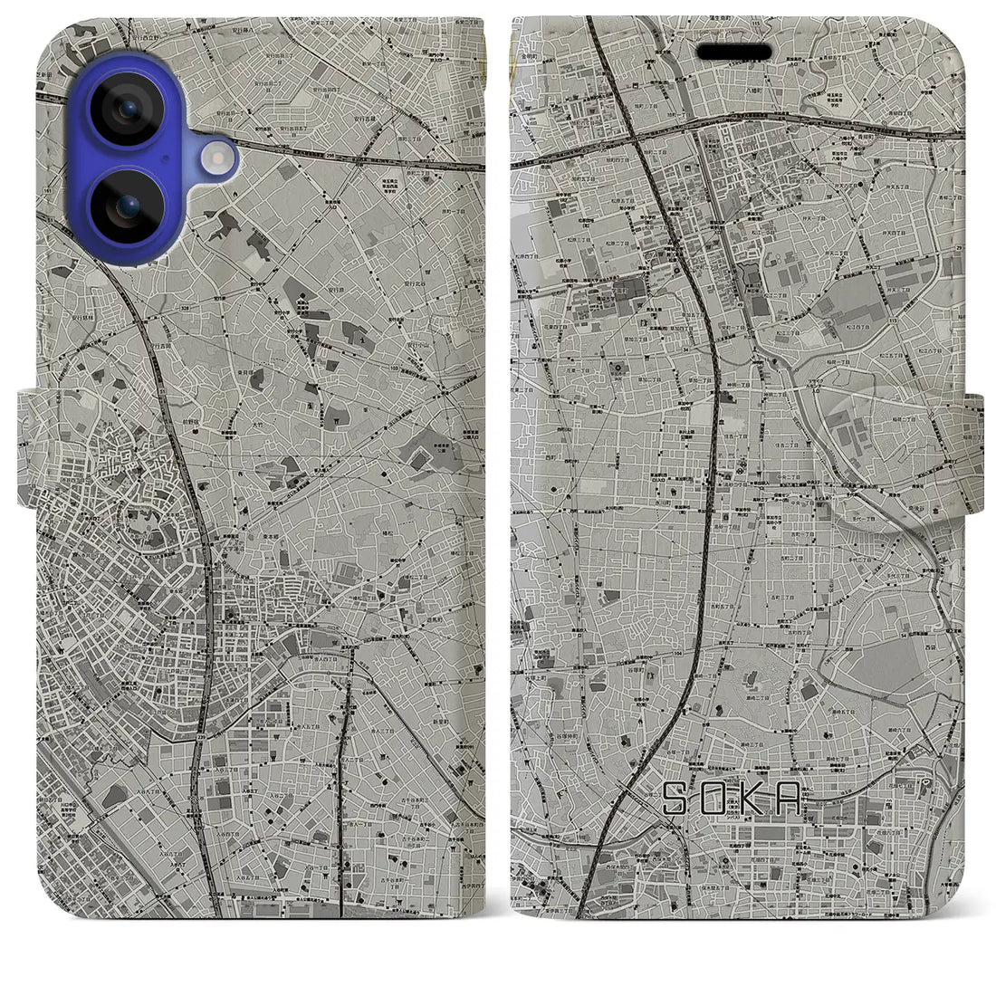 【草加(埼玉県)】地図柄iPhoneケース(手帳タイプ)モノトーン・iPhone 16 Pro Max 用
