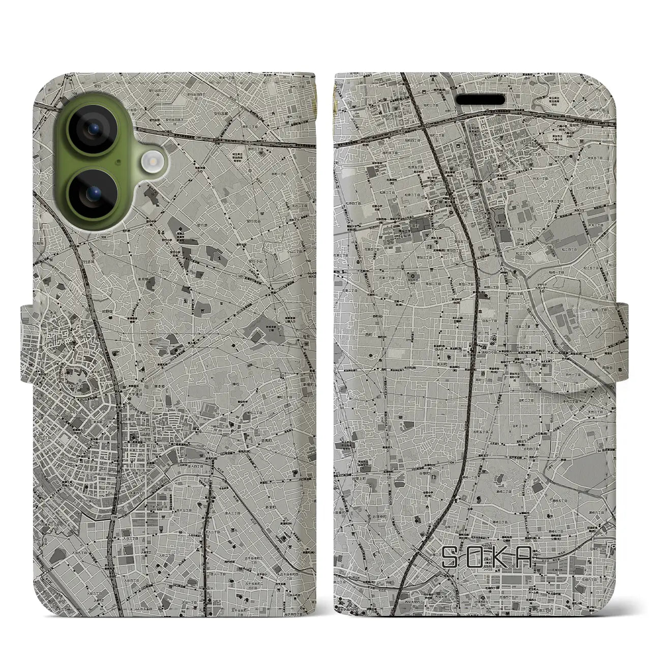 【草加（埼玉県）】地図柄iPhoneケース（手帳タイプ）