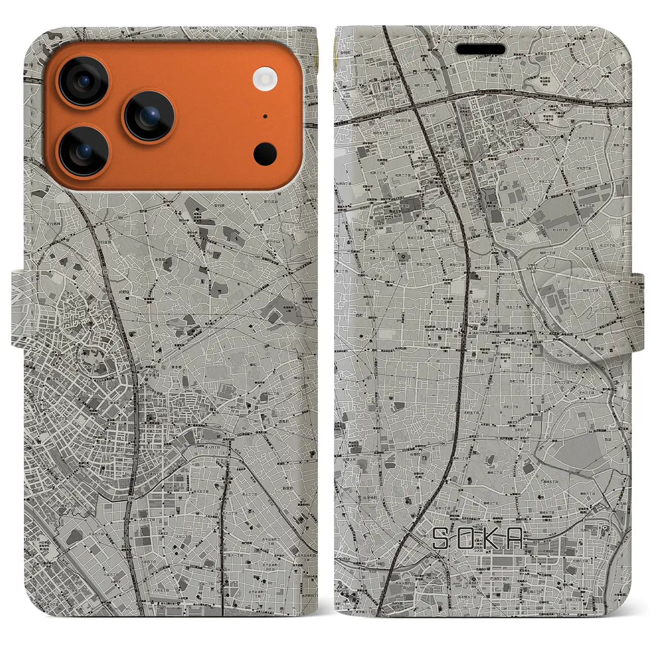 【草加（埼玉県）】地図柄iPhoneケース（手帳タイプ）