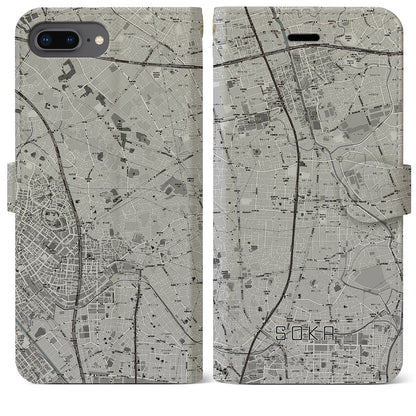 【草加（埼玉県）】地図柄iPhoneケース（手帳タイプ）モノトーン・iPhone 8Plus /7Plus / 6sPlus / 6Plus 用