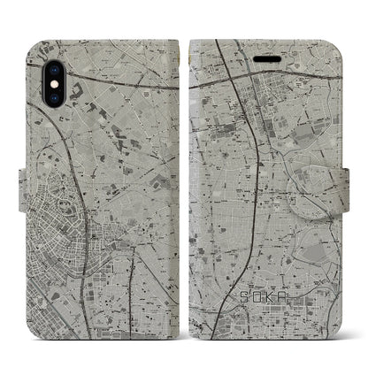 【草加（埼玉県）】地図柄iPhoneケース（手帳タイプ）モノトーン・iPhone XS / X 用