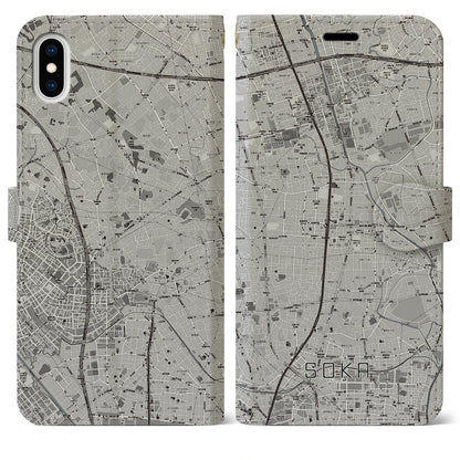 【草加（埼玉県）】地図柄iPhoneケース（手帳タイプ）モノトーン・iPhone XS Max 用