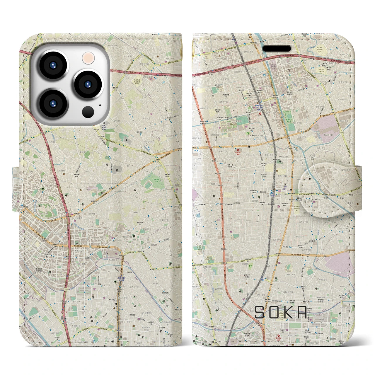 【草加】地図柄iPhoneケース（手帳両面タイプ・ナチュラル）iPhone 13 Pro 用