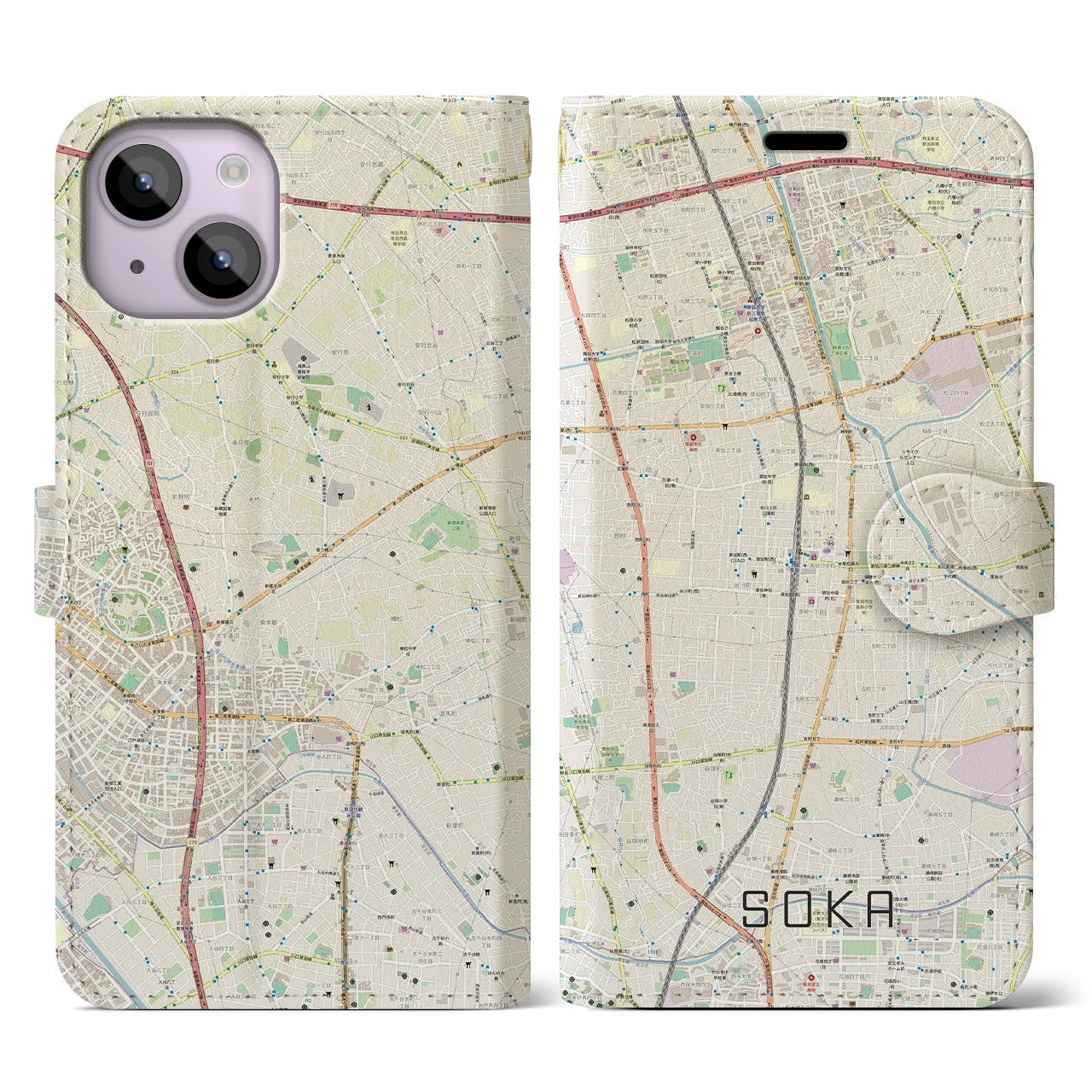 【草加】地図柄iPhoneケース（手帳両面タイプ・ナチュラル）iPhone 14 用