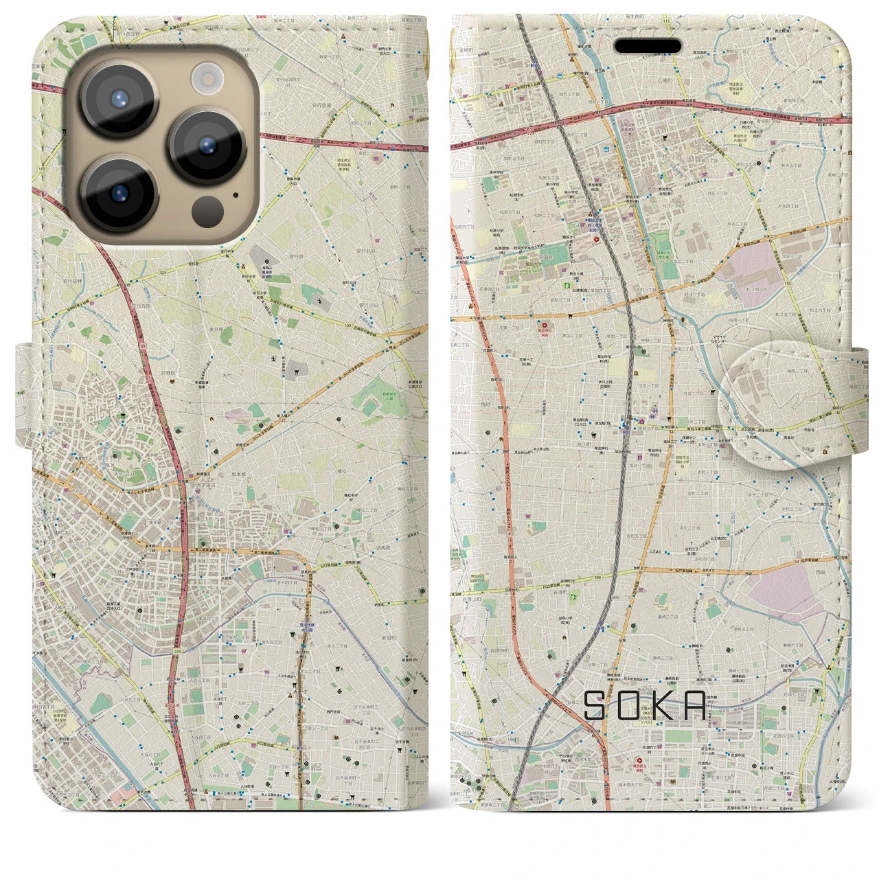 【草加】地図柄iPhoneケース（手帳両面タイプ・ナチュラル）iPhone 14 Pro Max 用