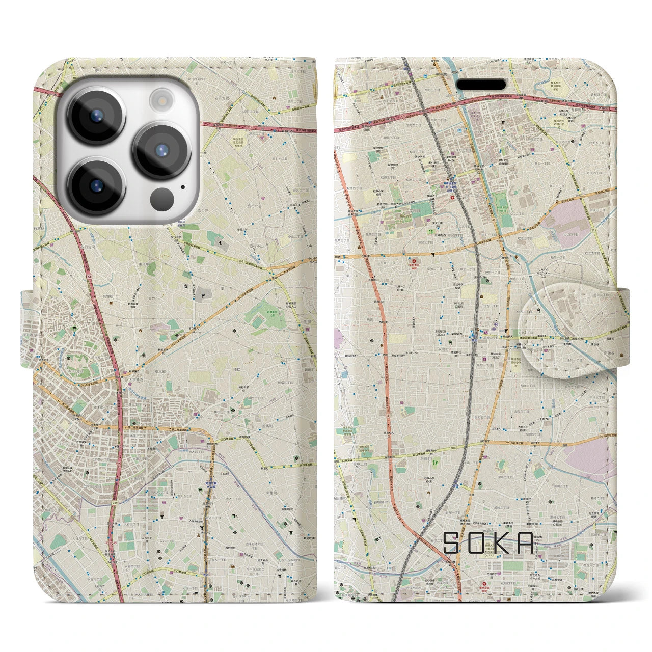 【草加】地図柄iPhoneケース（手帳両面タイプ・ナチュラル）iPhone 14 Pro 用