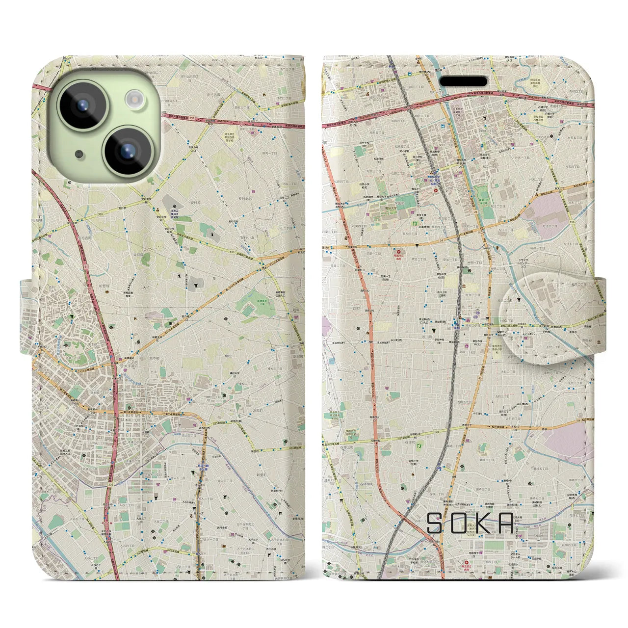 【草加】地図柄iPhoneケース（手帳両面タイプ・ナチュラル）iPhone 15 用