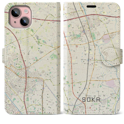 【草加（埼玉県）】地図柄iPhoneケース（手帳タイプ）ナチュラル・iPhone 15 Plus 用