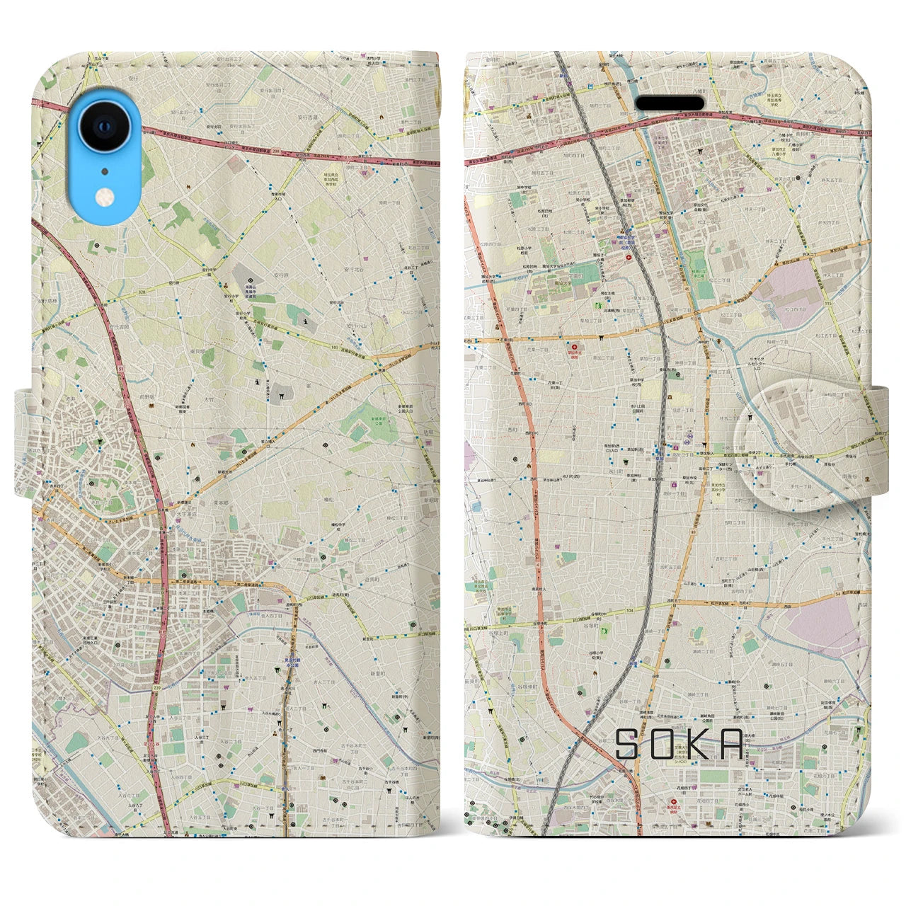 【草加】地図柄iPhoneケース（手帳両面タイプ・ナチュラル）iPhone XR 用