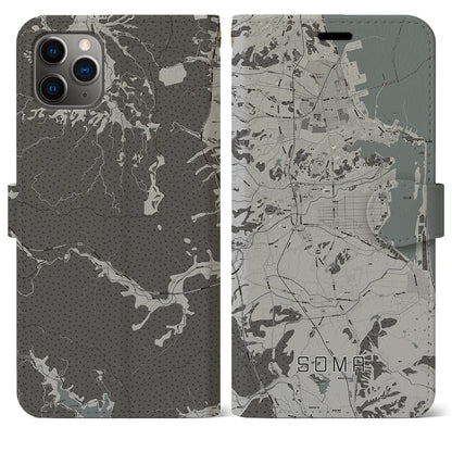 【相馬（福島県）】地図柄iPhoneケース（手帳タイプ）モノトーン・iPhone 11 Pro Max 用