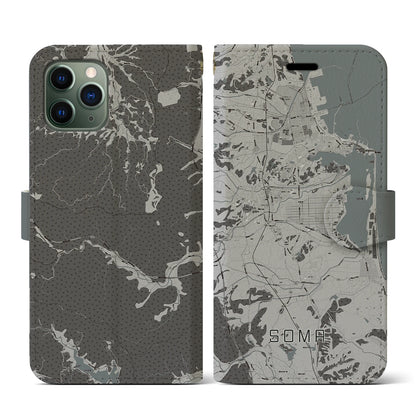 【相馬（福島県）】地図柄iPhoneケース（手帳タイプ）モノトーン・iPhone 11 Pro 用