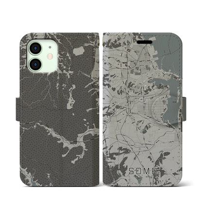 【相馬（福島県）】地図柄iPhoneケース（手帳タイプ）モノトーン・iPhone 12 mini 用