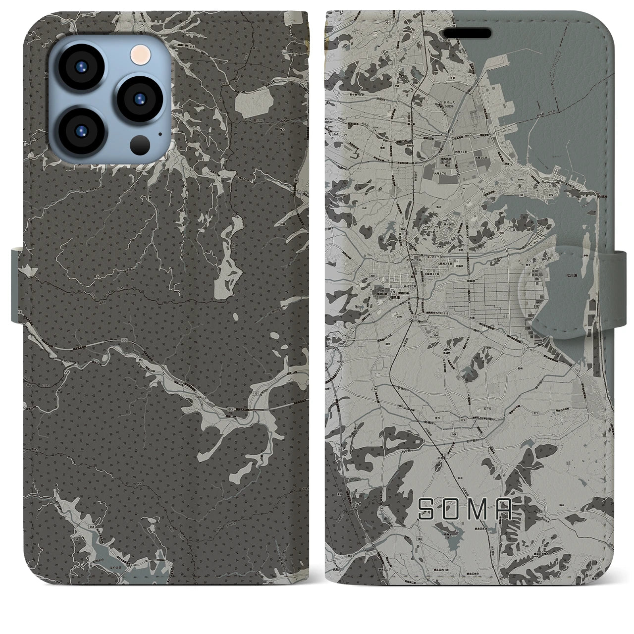 【相馬】地図柄iPhoneケース（手帳両面タイプ・モノトーン）iPhone 13 Pro Max 用