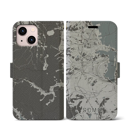 【相馬（福島県）】地図柄iPhoneケース（手帳タイプ）モノトーン・iPhone 13 mini 用