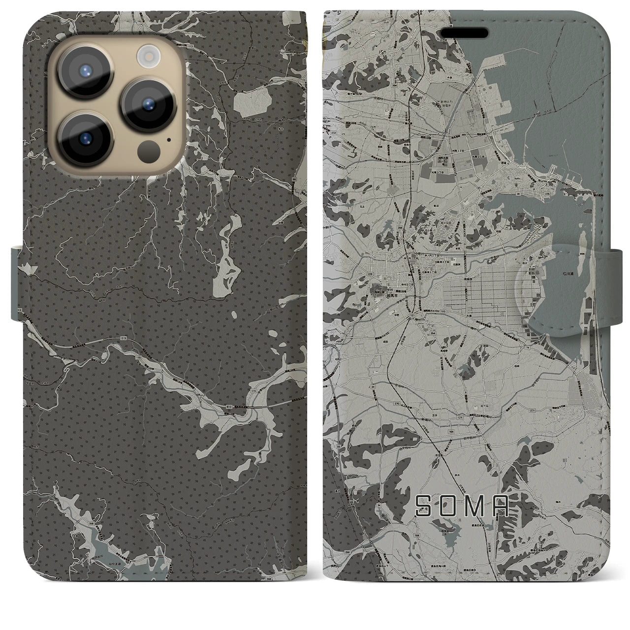 【相馬】地図柄iPhoneケース（手帳両面タイプ・モノトーン）iPhone 14 Pro Max 用