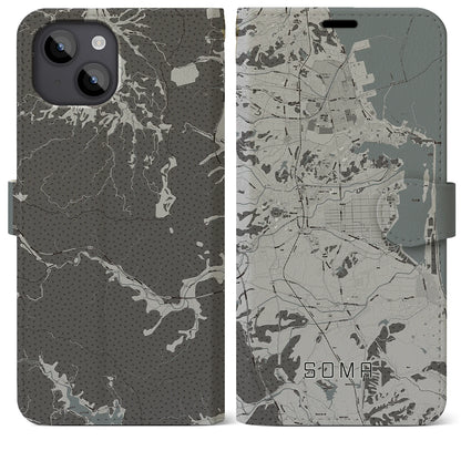 【相馬（福島県）】地図柄iPhoneケース（手帳タイプ）モノトーン・iPhone 14 Plus 用