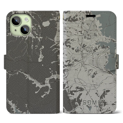 【相馬（福島県）】地図柄iPhoneケース（手帳タイプ）モノトーン・iPhone 15 用