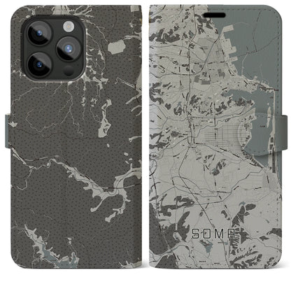 【相馬（福島県）】地図柄iPhoneケース（手帳タイプ）モノトーン・iPhone 15 Pro Max 用