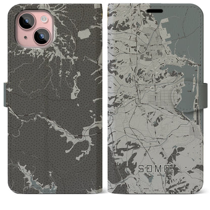 【相馬（福島県）】地図柄iPhoneケース（手帳タイプ）モノトーン・iPhone 15 Plus 用