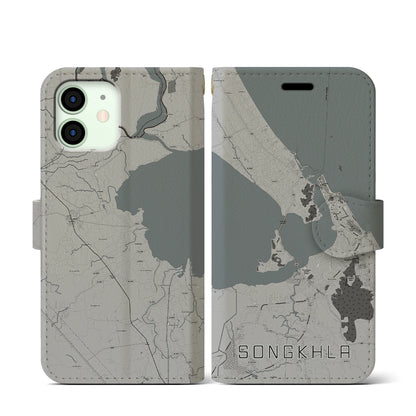 【ソンクラー（タイ）】地図柄iPhoneケース（手帳タイプ）モノトーン・iPhone 12 mini 用