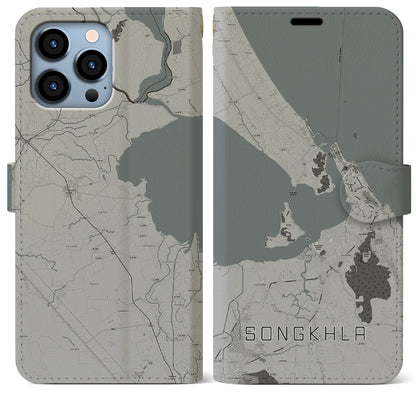 【ソンクラー（タイ）】地図柄iPhoneケース（手帳タイプ）モノトーン・iPhone 13 Pro Max 用